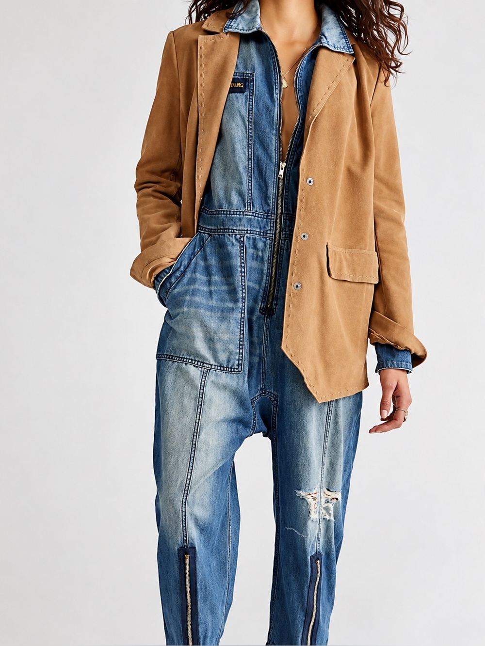 SANDRINE ROSE Recycled Distressed Blue Denim Zip-Front Women’s Overalls Size M